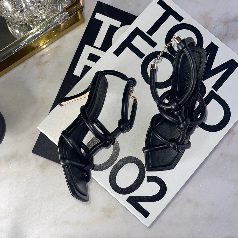 New Jimmy Choo Bay 90 Open Toe Sandal in Black Leather